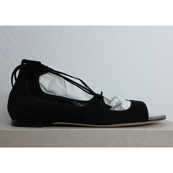 JIMMY CHOO Vernie Black Suede Lace Up Ballet Flat Shoes Size 38.5 - Picture 2 of 16